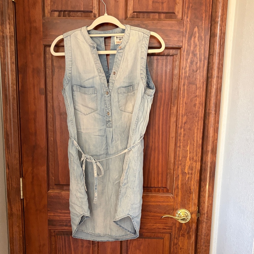 HOLDING HORSES Light Wash Denim Sleeveless Mini Dress